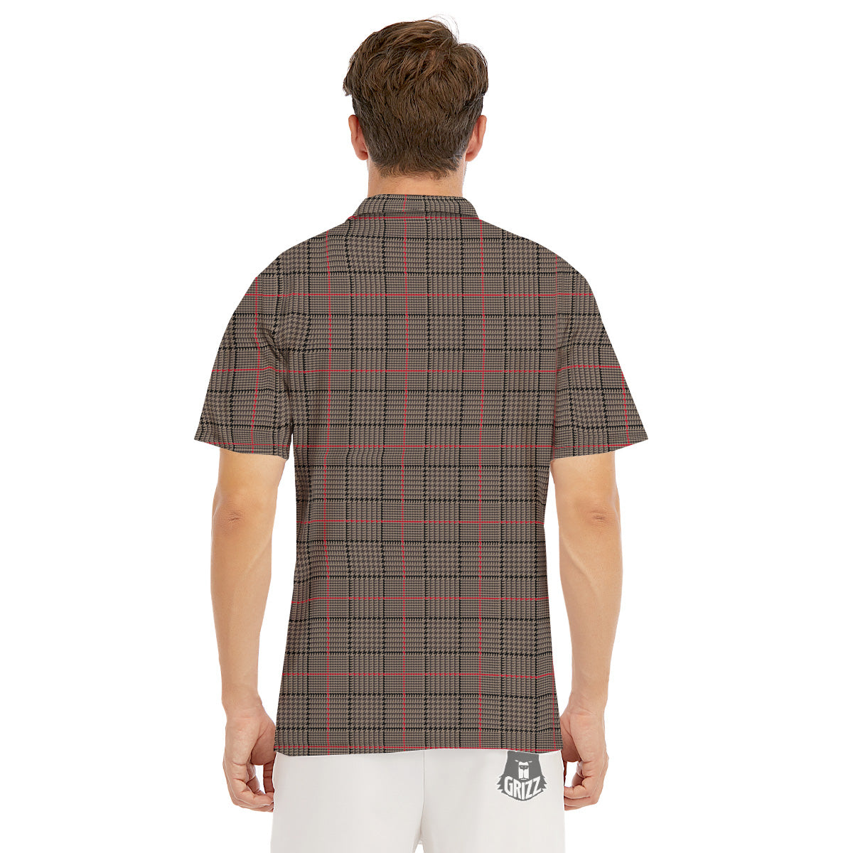 Brown Prince OF Wales Check Print Men's Golf Shirts-grizzshop