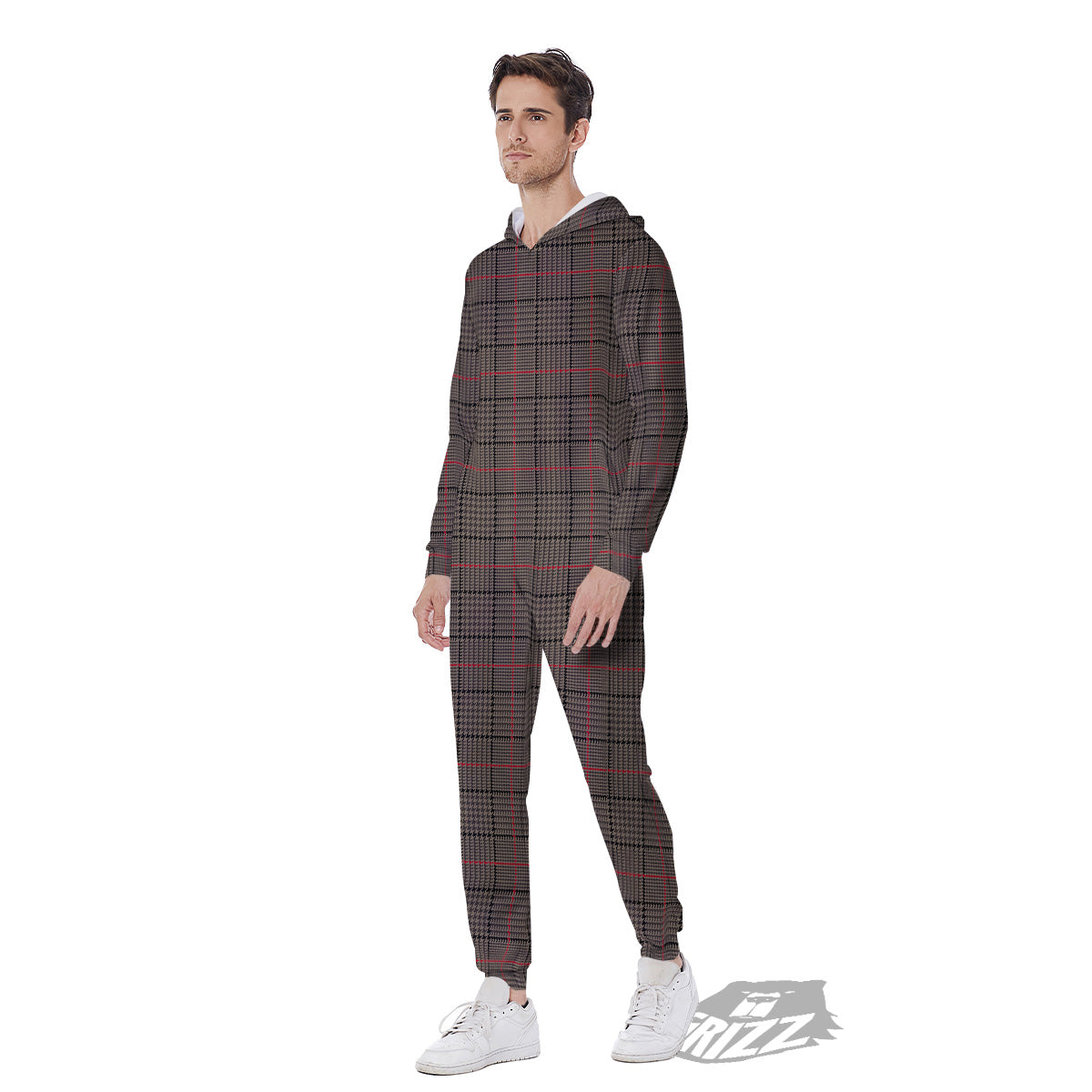 Brown Prince OF Wales Check Print Men's Jumpsuit-grizzshop