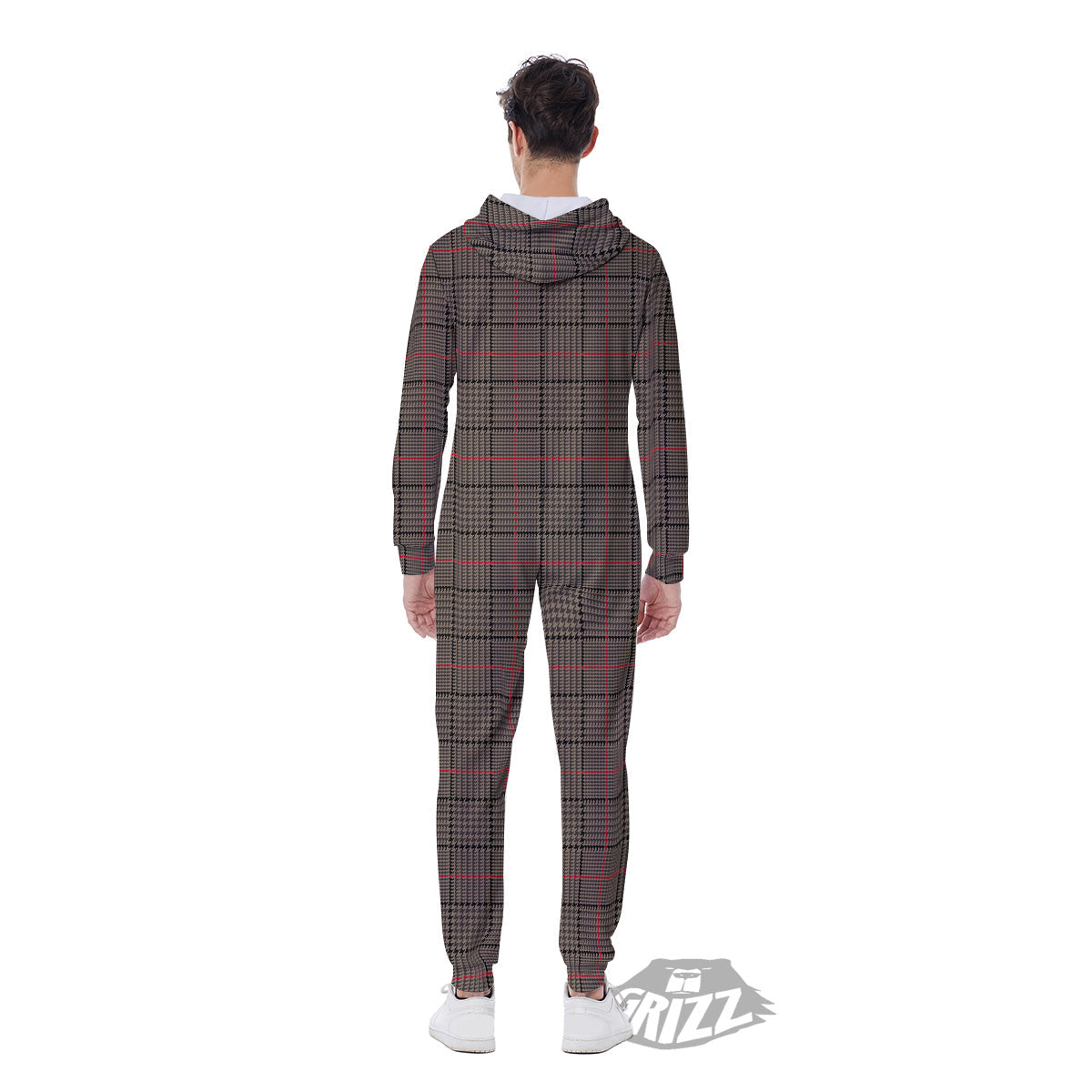 Brown Prince OF Wales Check Print Men's Jumpsuit-grizzshop