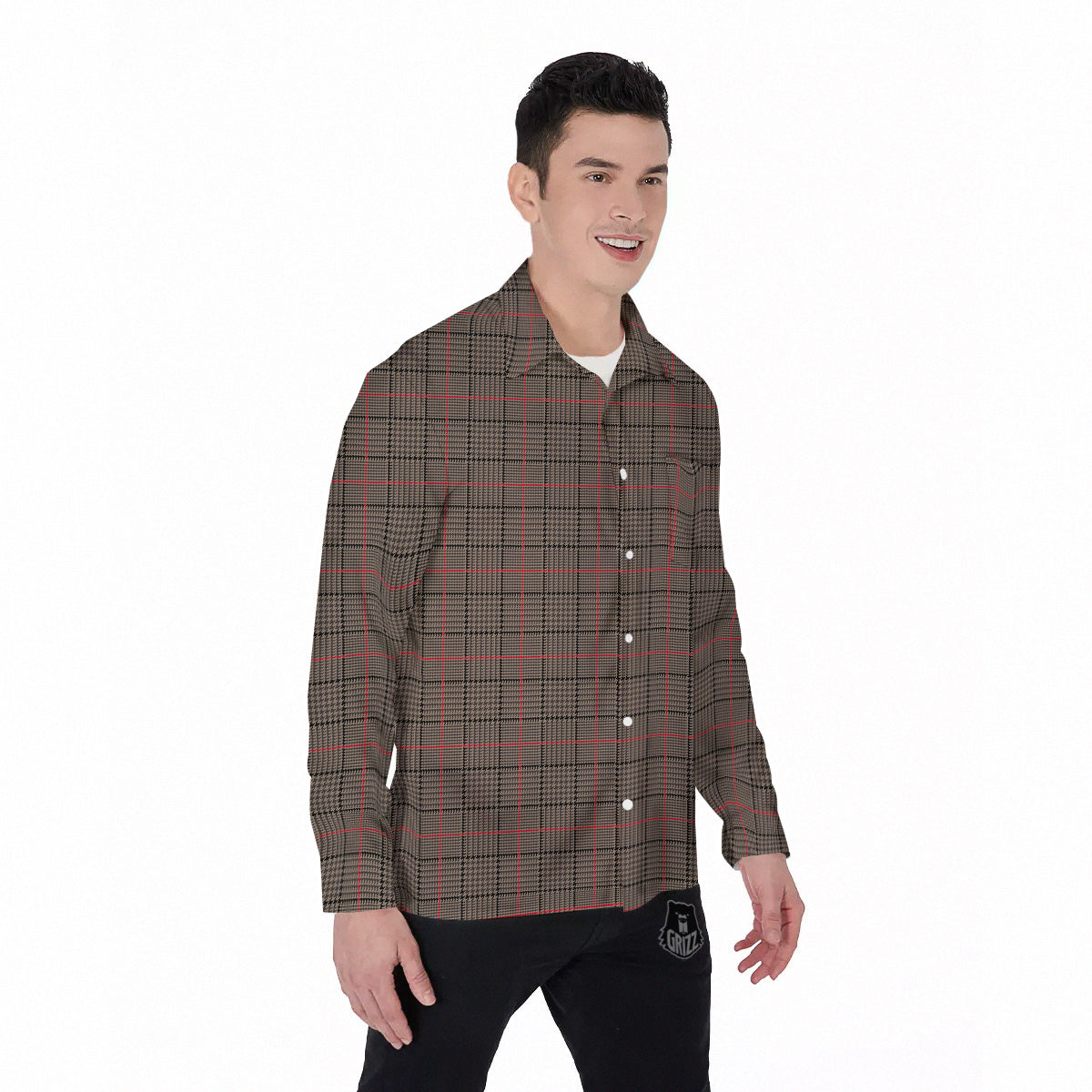 Brown Prince OF Wales Check Print Men's Long Sleeve Shirts-grizzshop