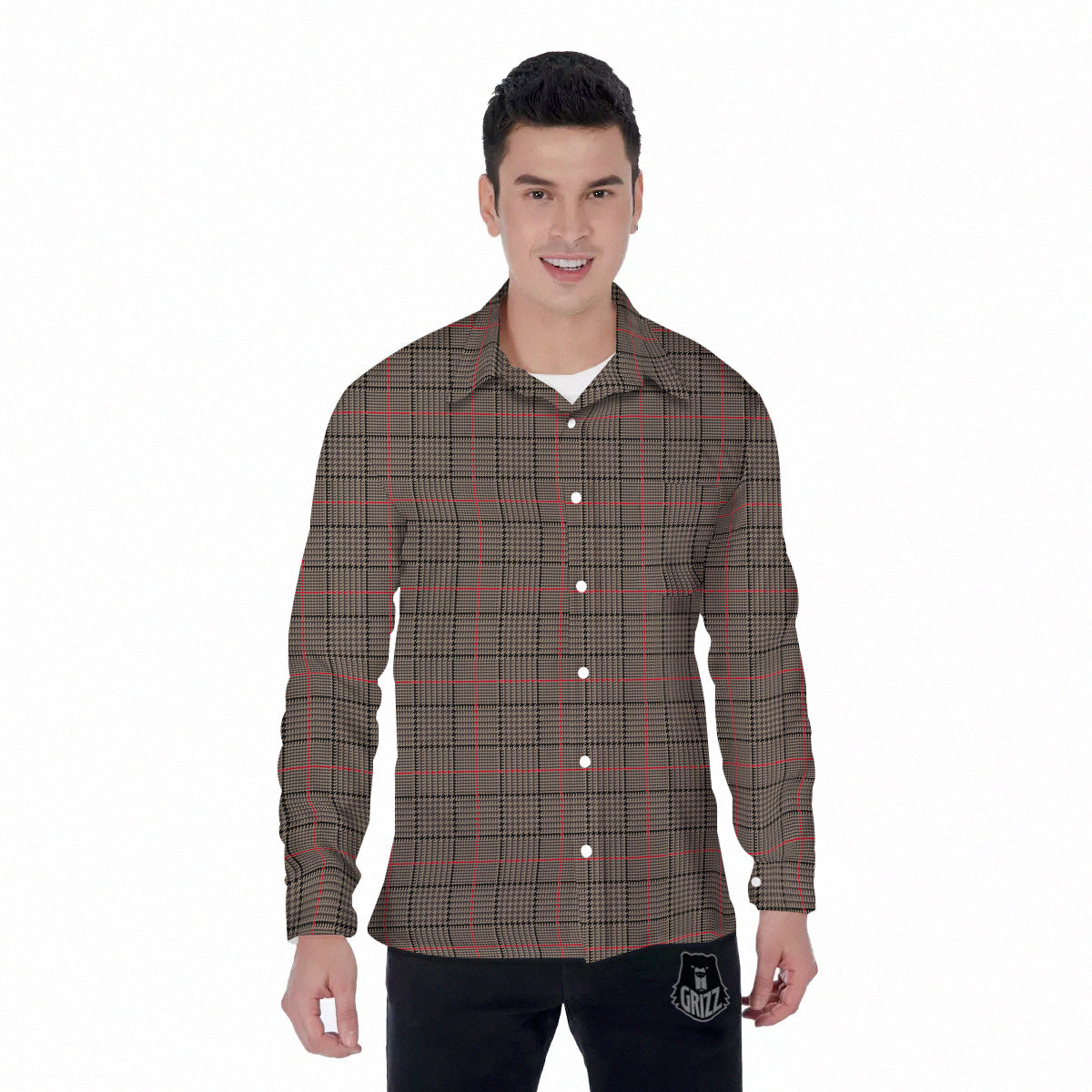 Brown Prince OF Wales Check Print Men's Long Sleeve Shirts-grizzshop