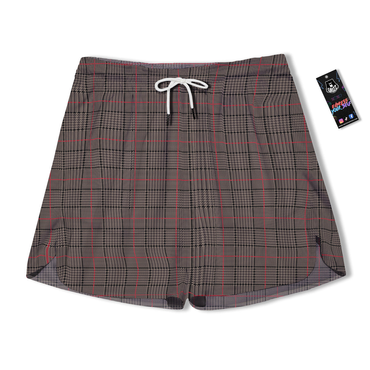 Brown Prince OF Wales Check Print Men's Running Shorts-grizzshop