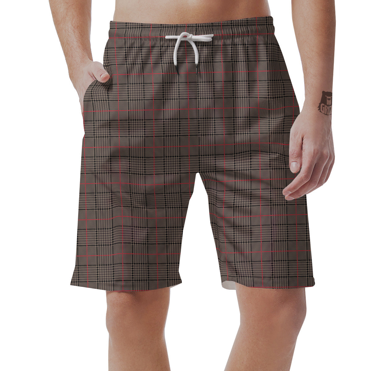 Brown Prince OF Wales Check Print Men's Shorts-grizzshop
