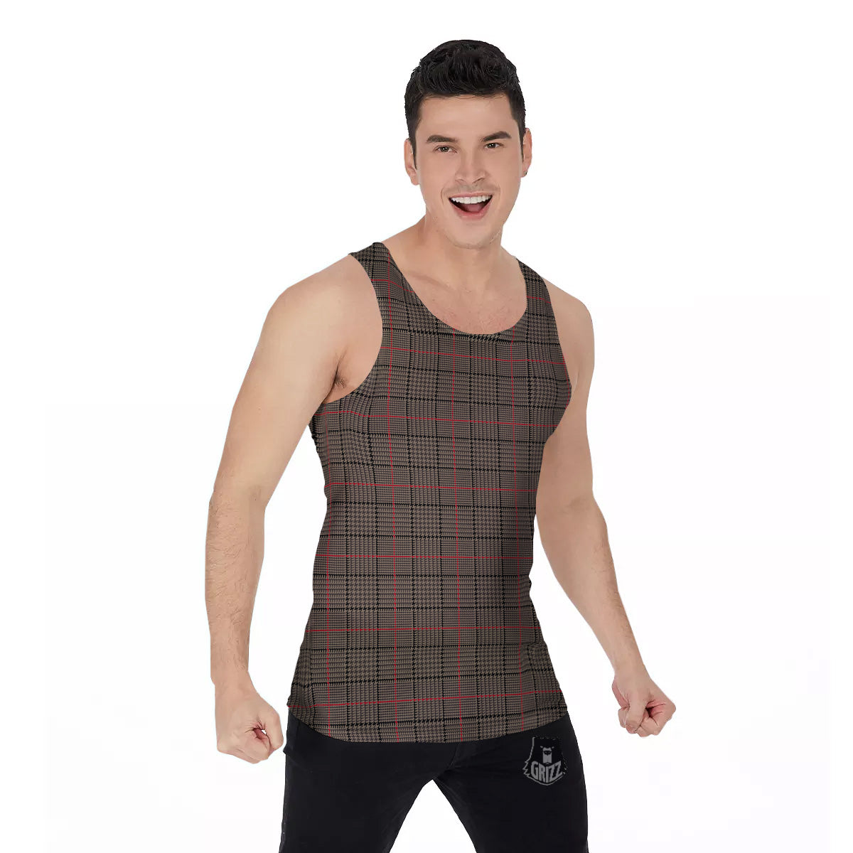 Brown Prince OF Wales Check Print Men's Tank Top-grizzshop