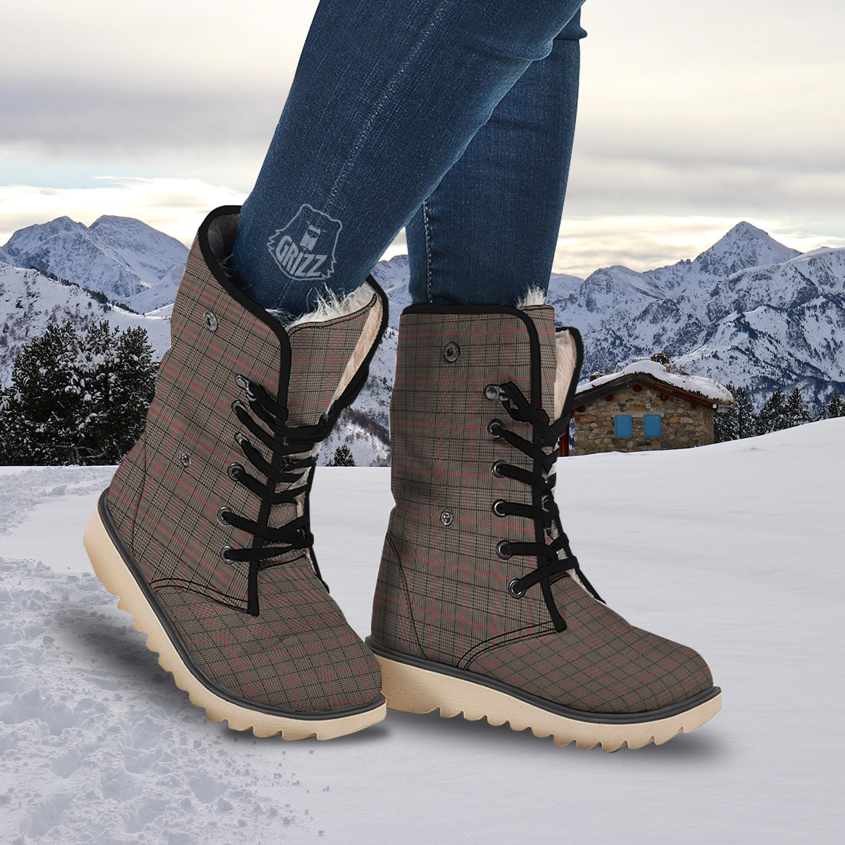 Brown Prince OF Wales Check Print Snow Boots-grizzshop