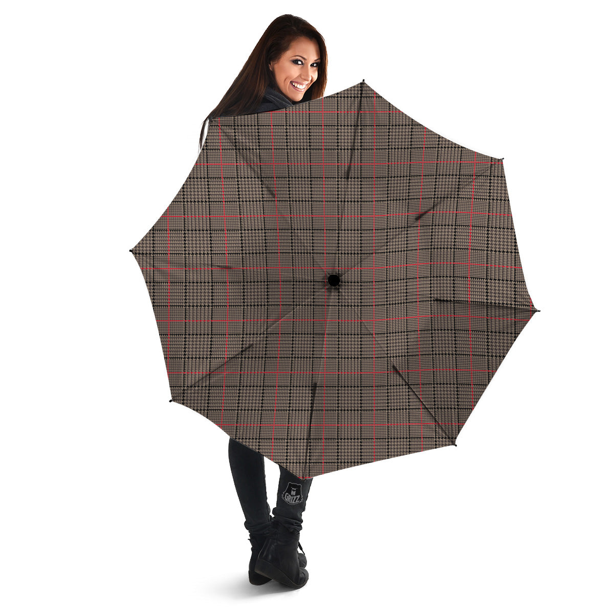 Brown Prince OF Wales Check Print Umbrella-grizzshop