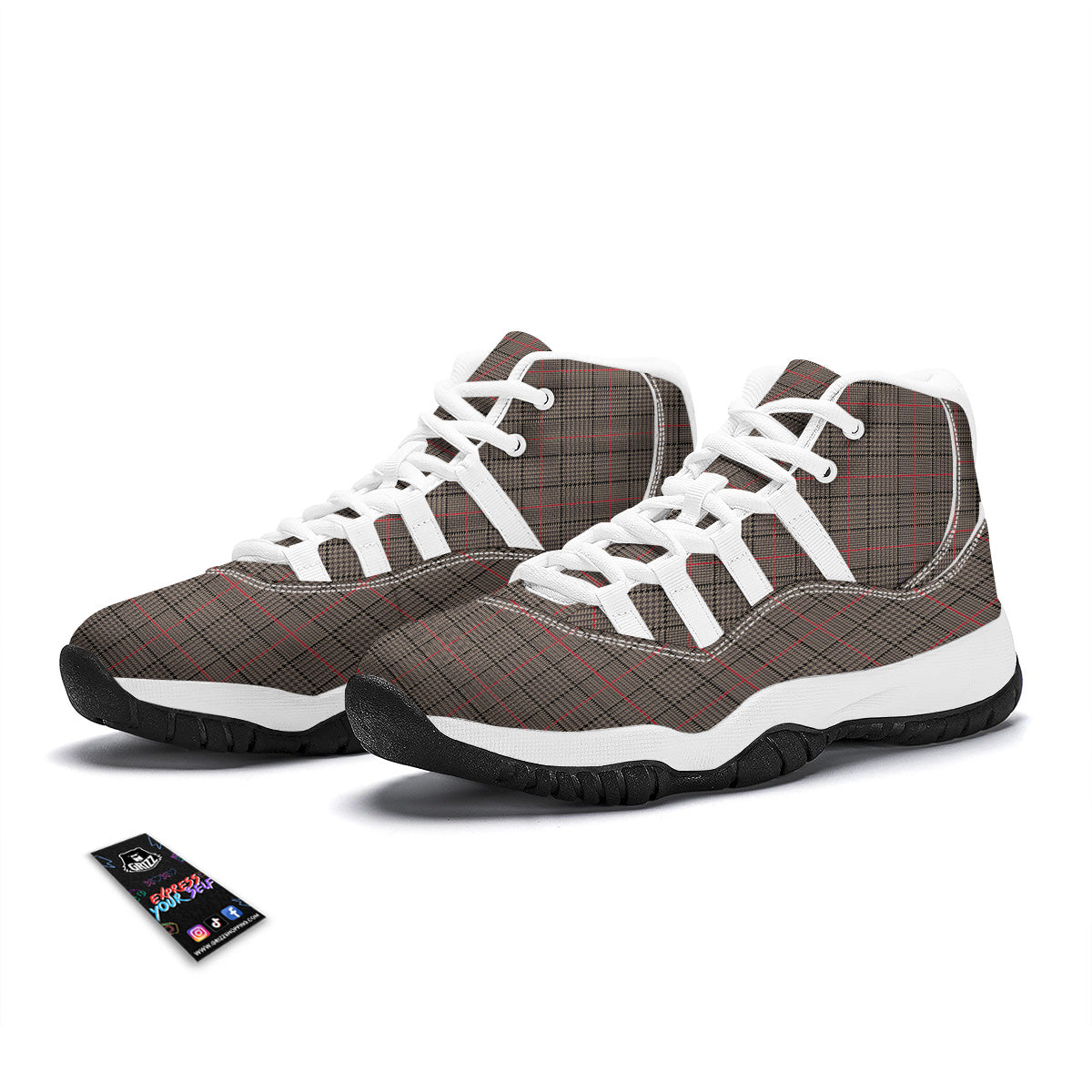 Brown Prince OF Wales Check Print White Bball Shoes-grizzshop