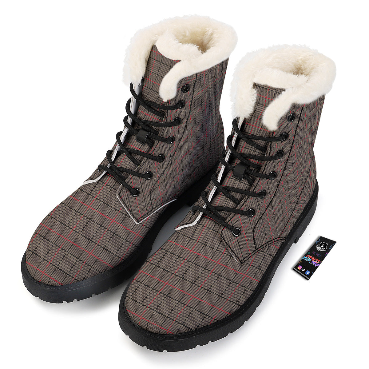 Brown Prince OF Wales Check Print Winter Boots-grizzshop