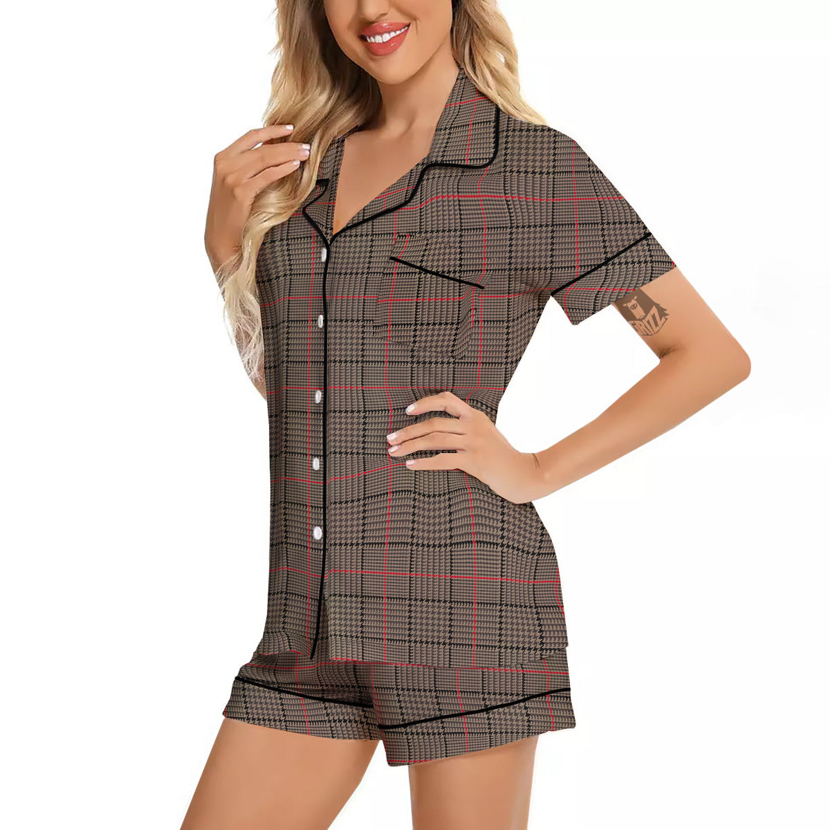 Brown Prince OF Wales Check Print Women Silk Pajamas-grizzshop