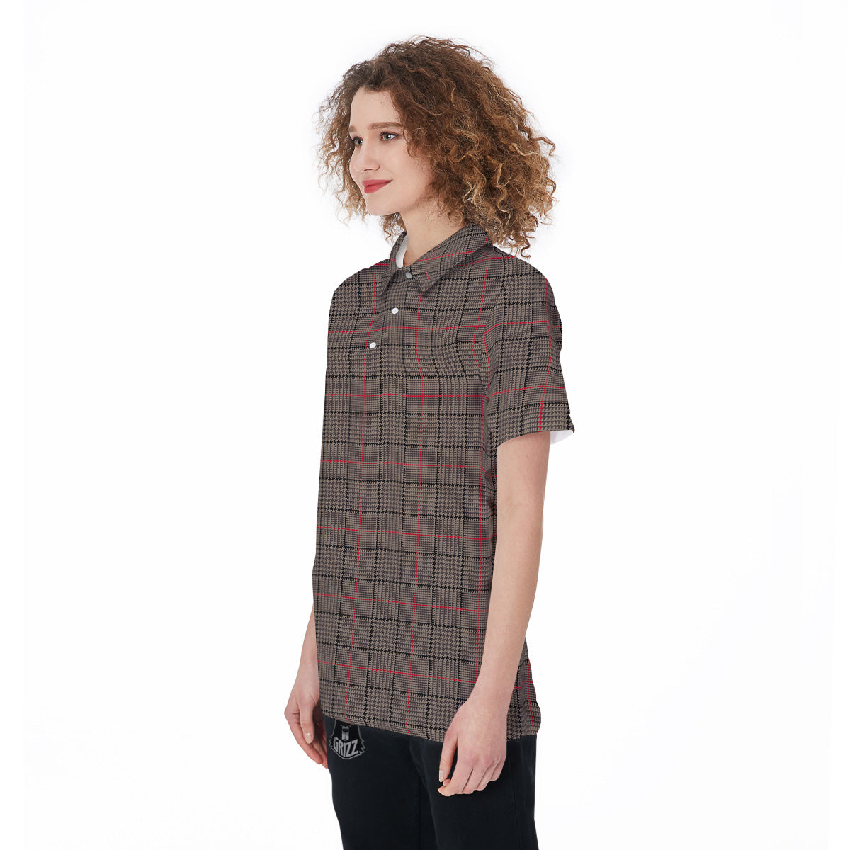 Brown Prince OF Wales Check Print Women's Golf Shirts-grizzshop