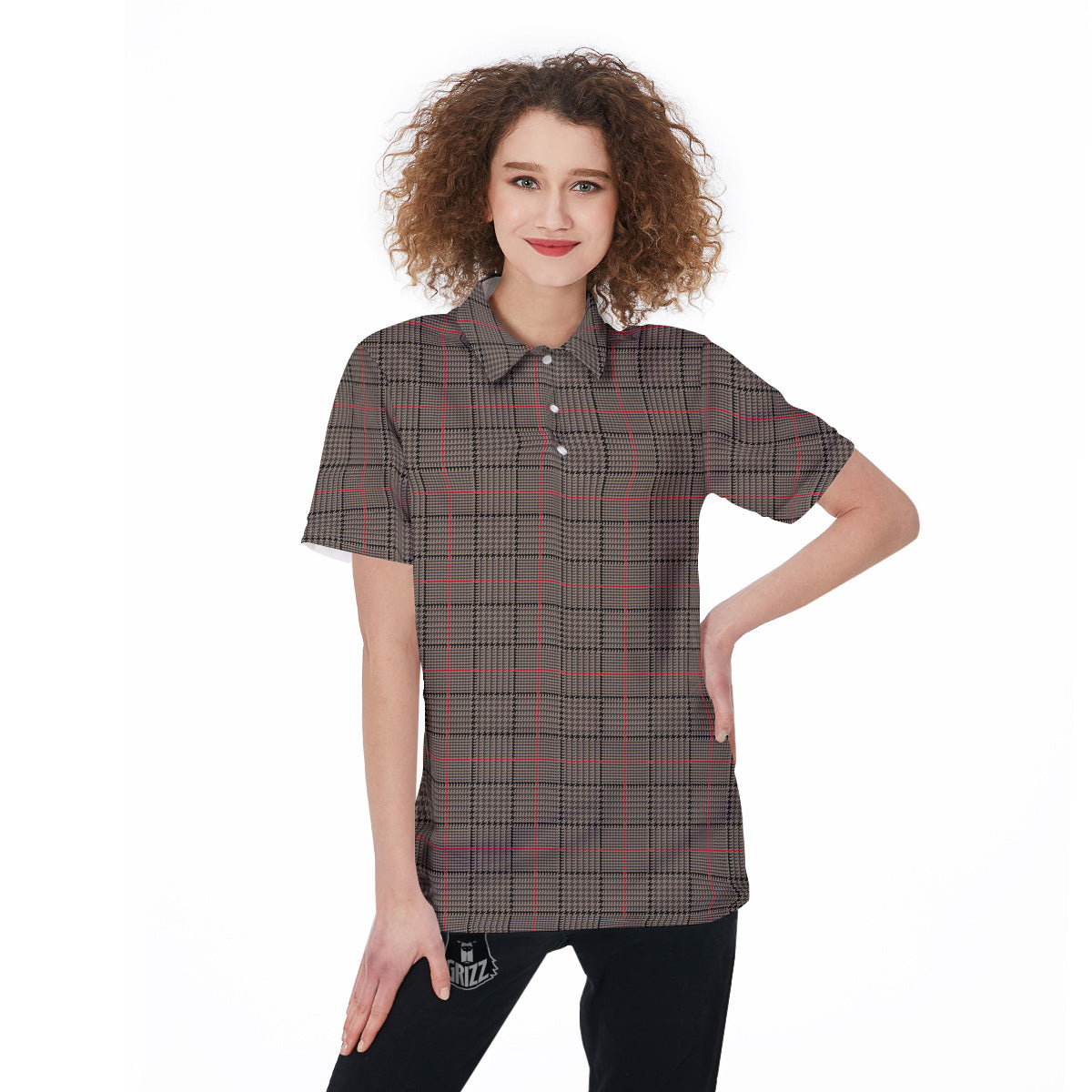 Brown Prince OF Wales Check Print Women's Golf Shirts-grizzshop