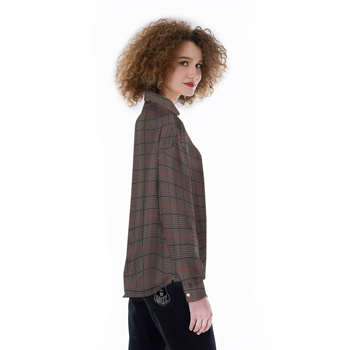 Brown Prince OF Wales Check Print Women's Long Sleeve Shirts-grizzshop