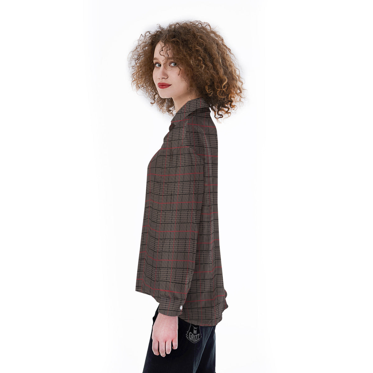 Brown Prince OF Wales Check Print Women's Long Sleeve Shirts-grizzshop