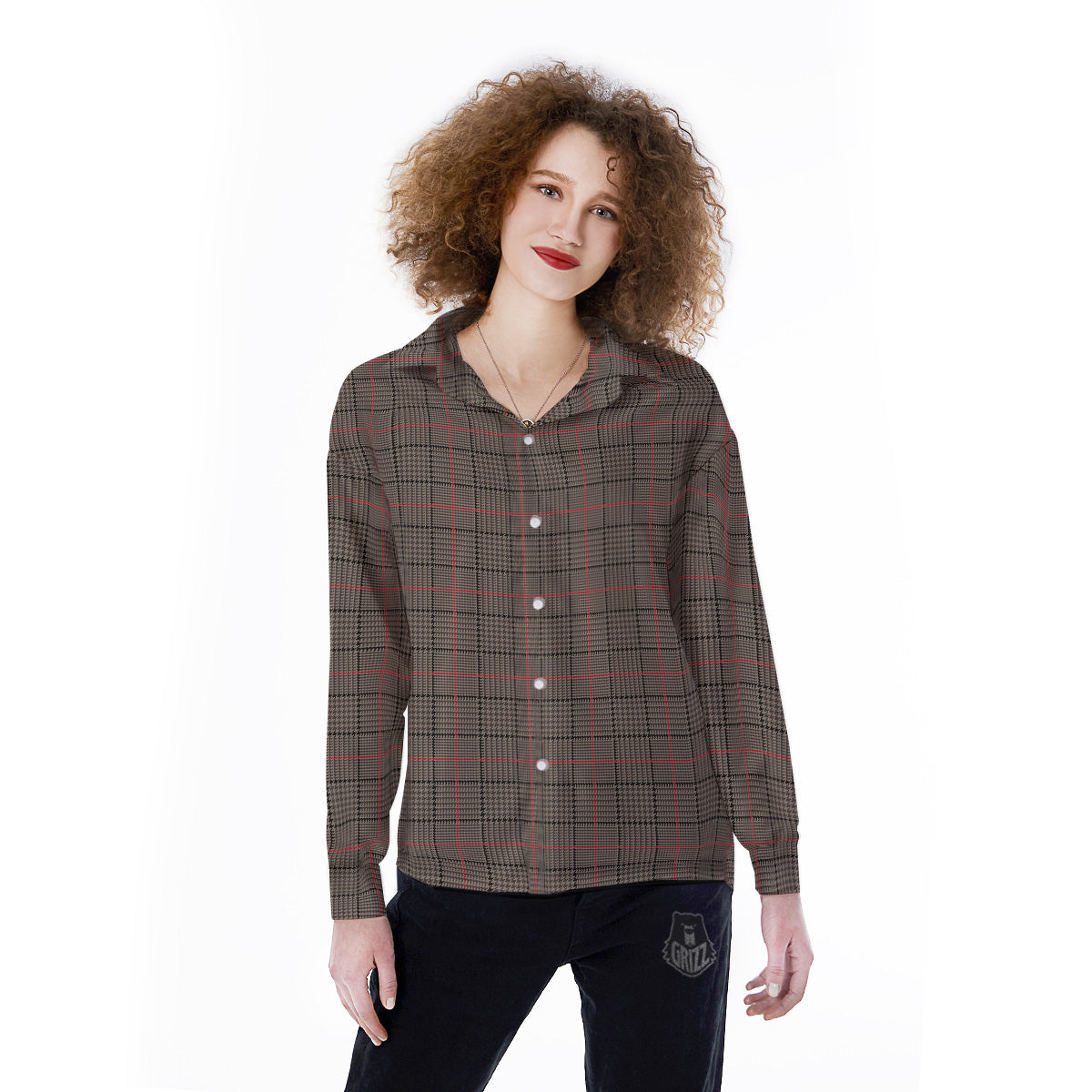 Brown Prince OF Wales Check Print Women's Long Sleeve Shirts-grizzshop