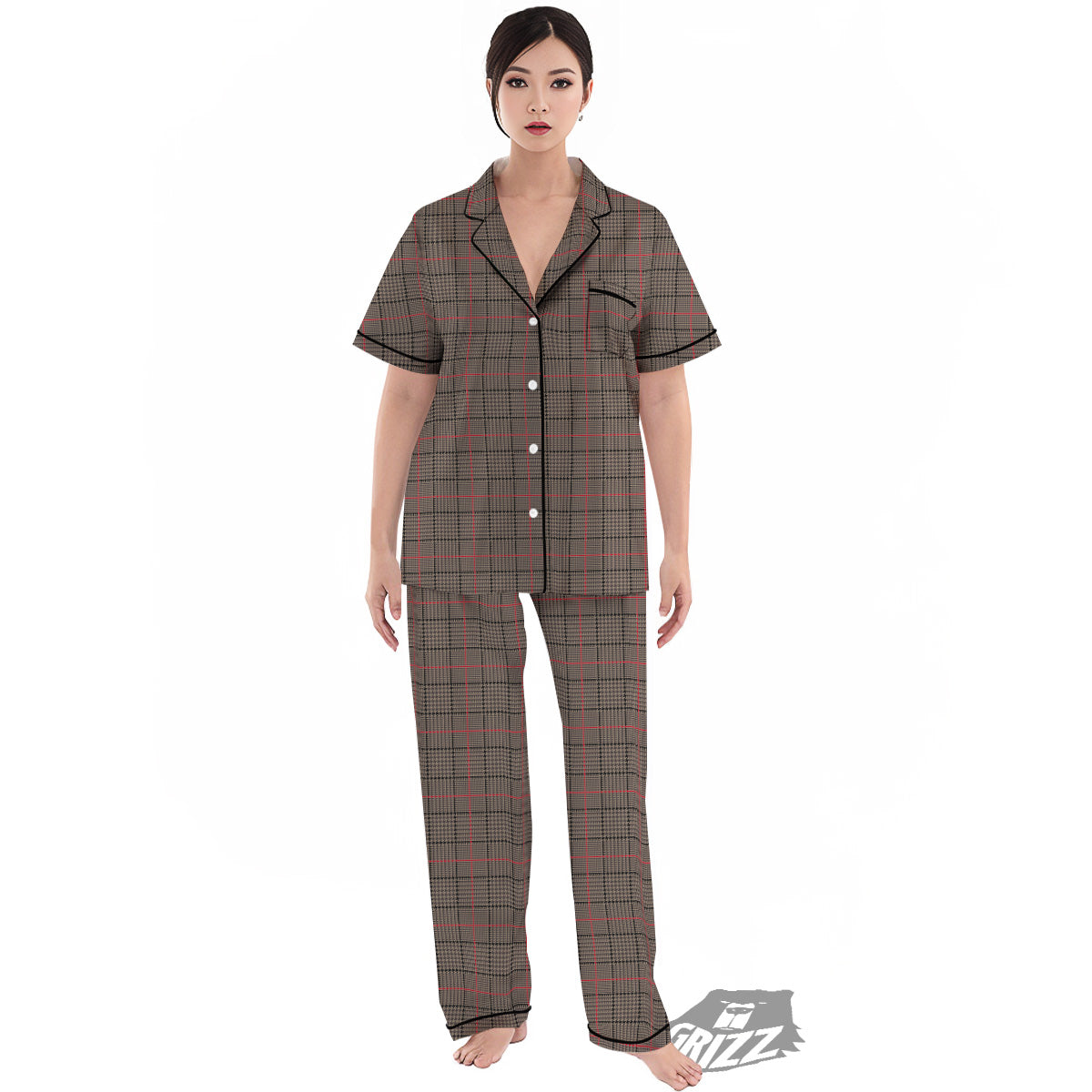 Brown Prince OF Wales Check Print Women's Pajamas Set-grizzshop
