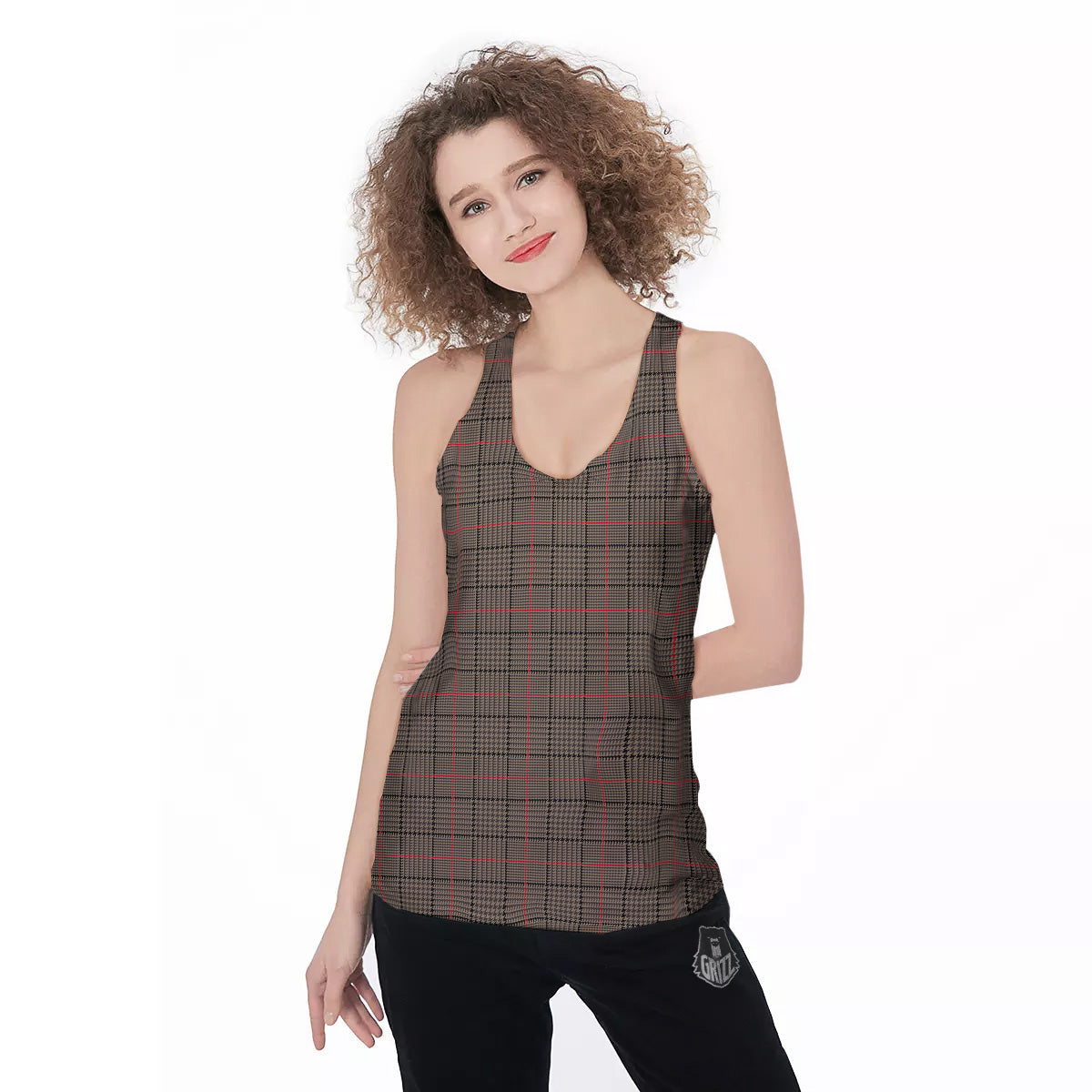 Brown Prince OF Wales Check Print Women's Racerback Tank Top-grizzshop