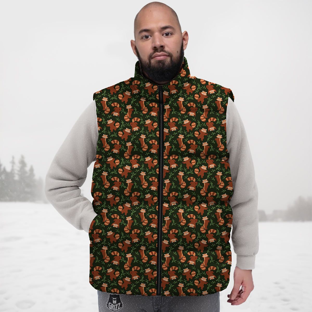 Brown Raccoon Cartoon Cute Print Pattern Down Vest
