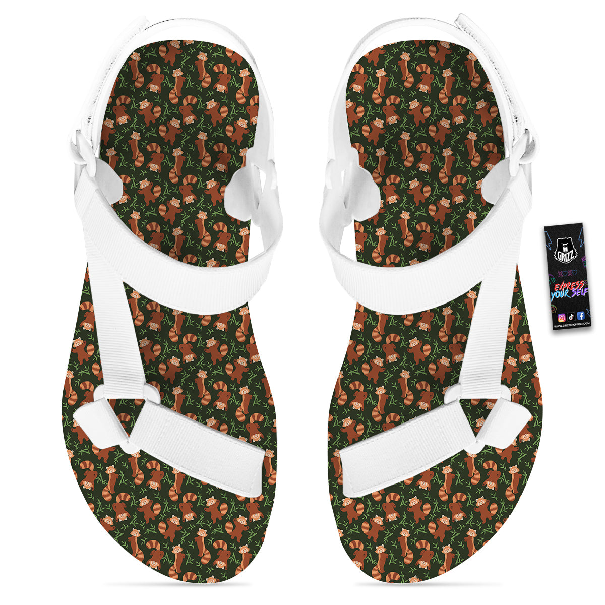 Brown Raccoon Cartoon Cute Print Pattern White Open Toe Sandals-grizzshop