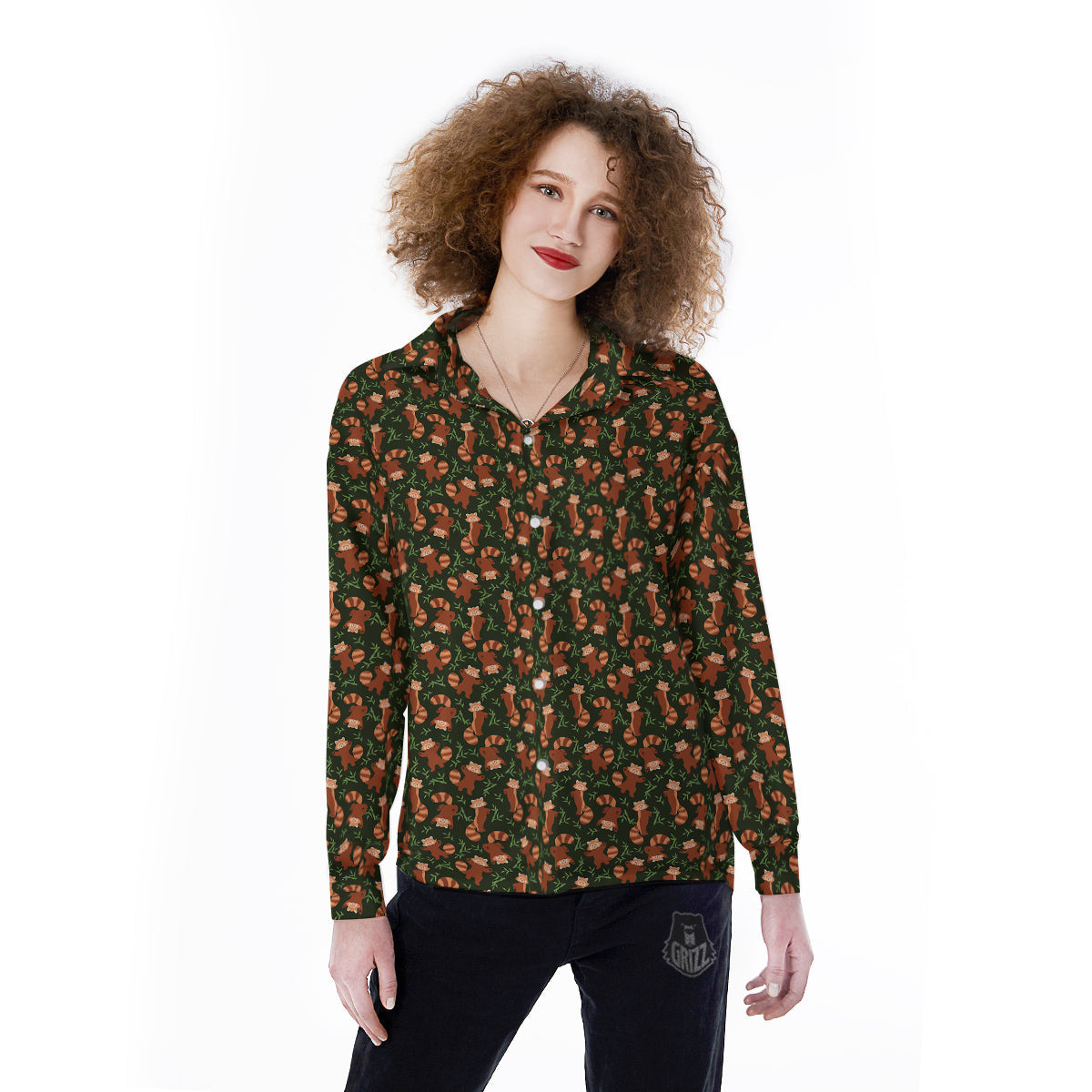 Brown Raccoon Cartoon Cute Print Pattern Women's Long Sleeve Shirts-grizzshop
