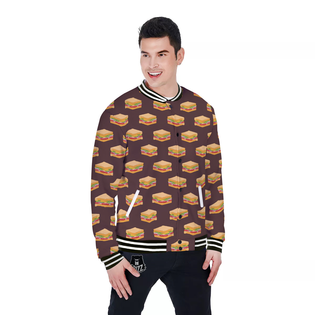 Brown Sandwich Print Pattern Baseball Jacket-grizzshop