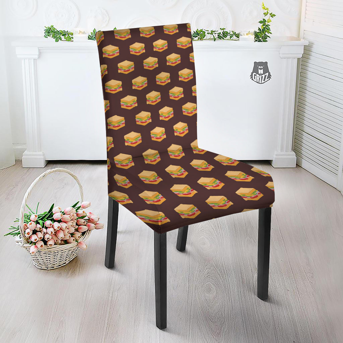 Brown Sandwich Print Pattern Dining Chair Slipcover-grizzshop