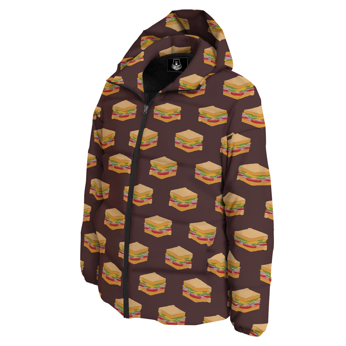 Brown Sandwich Print Pattern Down Jacket-grizzshop