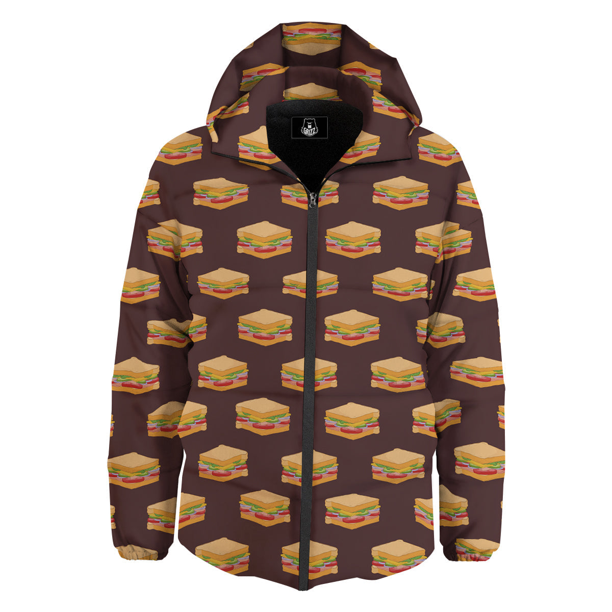 Brown Sandwich Print Pattern Down Jacket-grizzshop