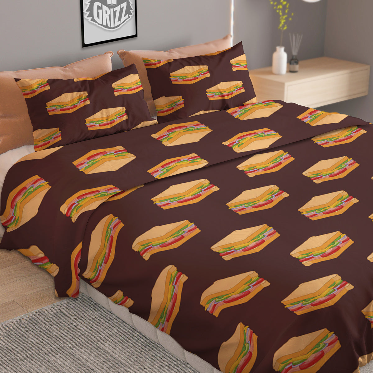 Brown Sandwich Print Pattern Duvet Cover Bedding Set