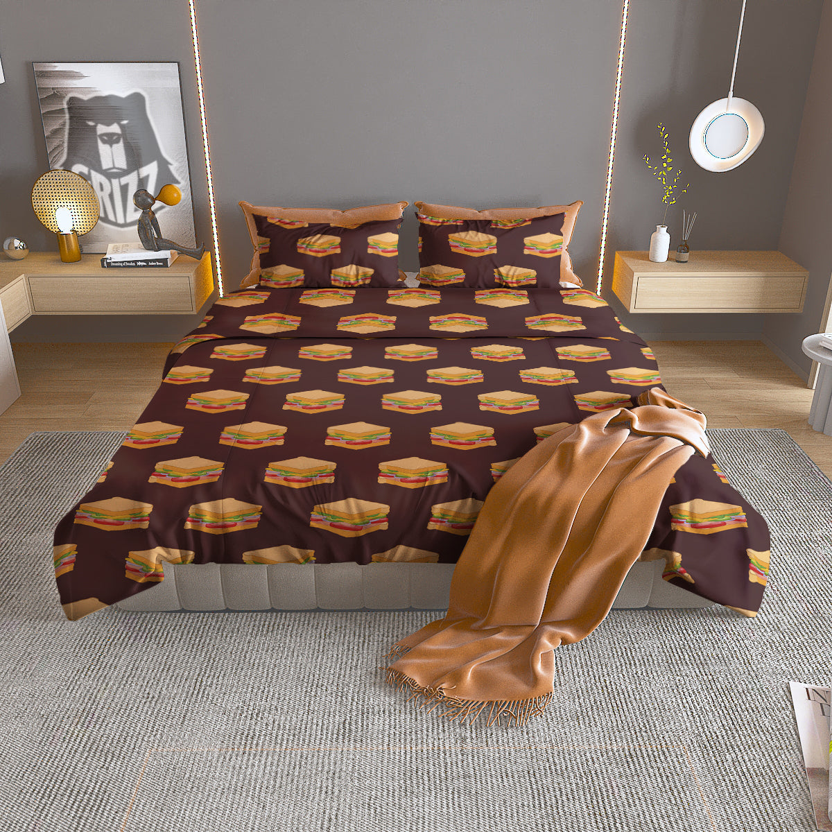 Brown Sandwich Print Pattern Duvet Cover Bedding Set
