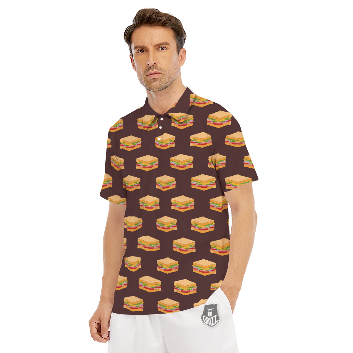 Brown Sandwich Print Pattern Men's Golf Shirts-grizzshop