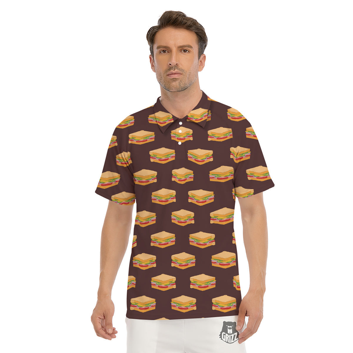 Brown Sandwich Print Pattern Men's Golf Shirts-grizzshop
