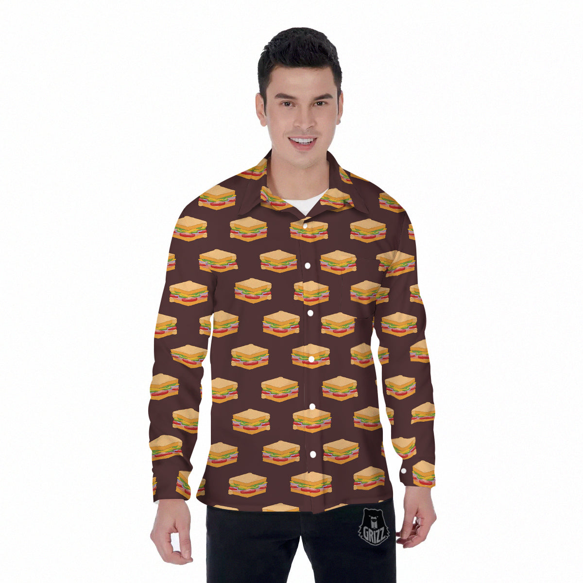 Brown Sandwich Print Pattern Men's Long Sleeve Shirts-grizzshop