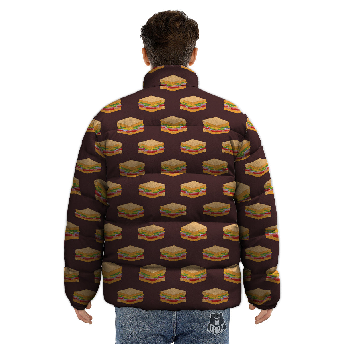 Brown Sandwich Print Pattern Puffer Jacket-grizzshop
