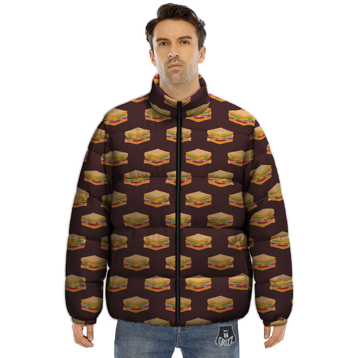 Brown Sandwich Print Pattern Puffer Jacket-grizzshop