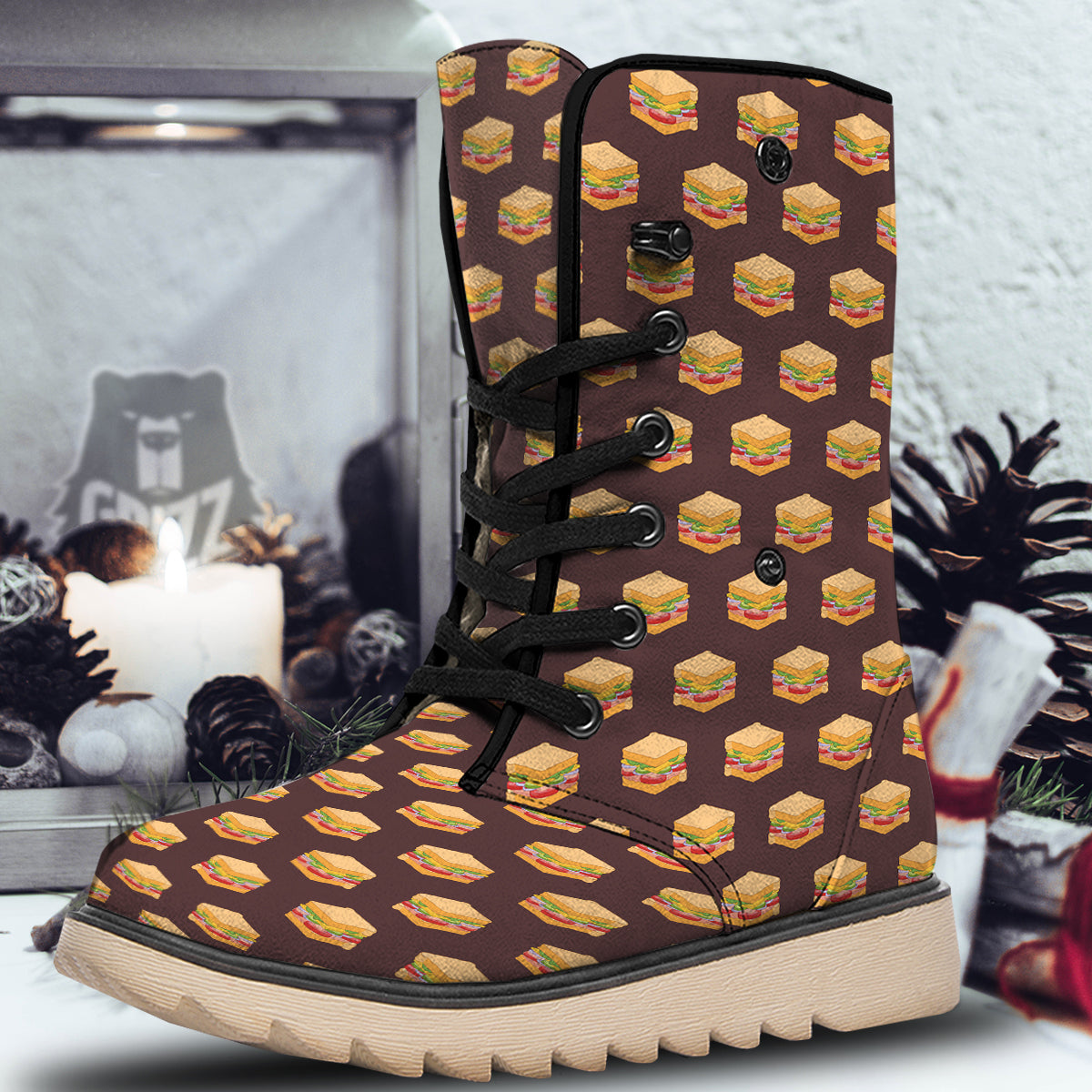 Brown Sandwich Print Pattern Snow Boots-grizzshop