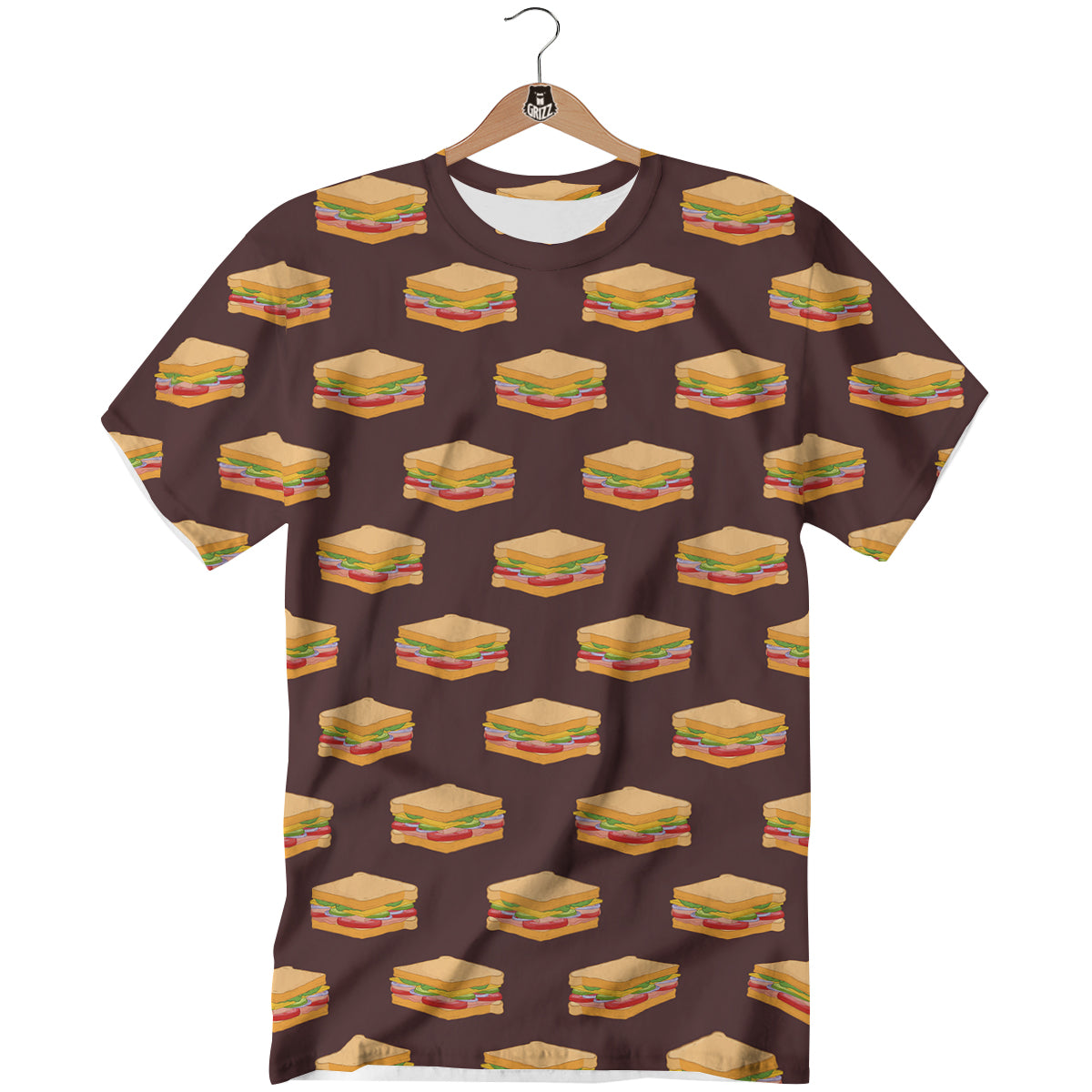 Brown Sandwich Print Pattern T-Shirt-grizzshop