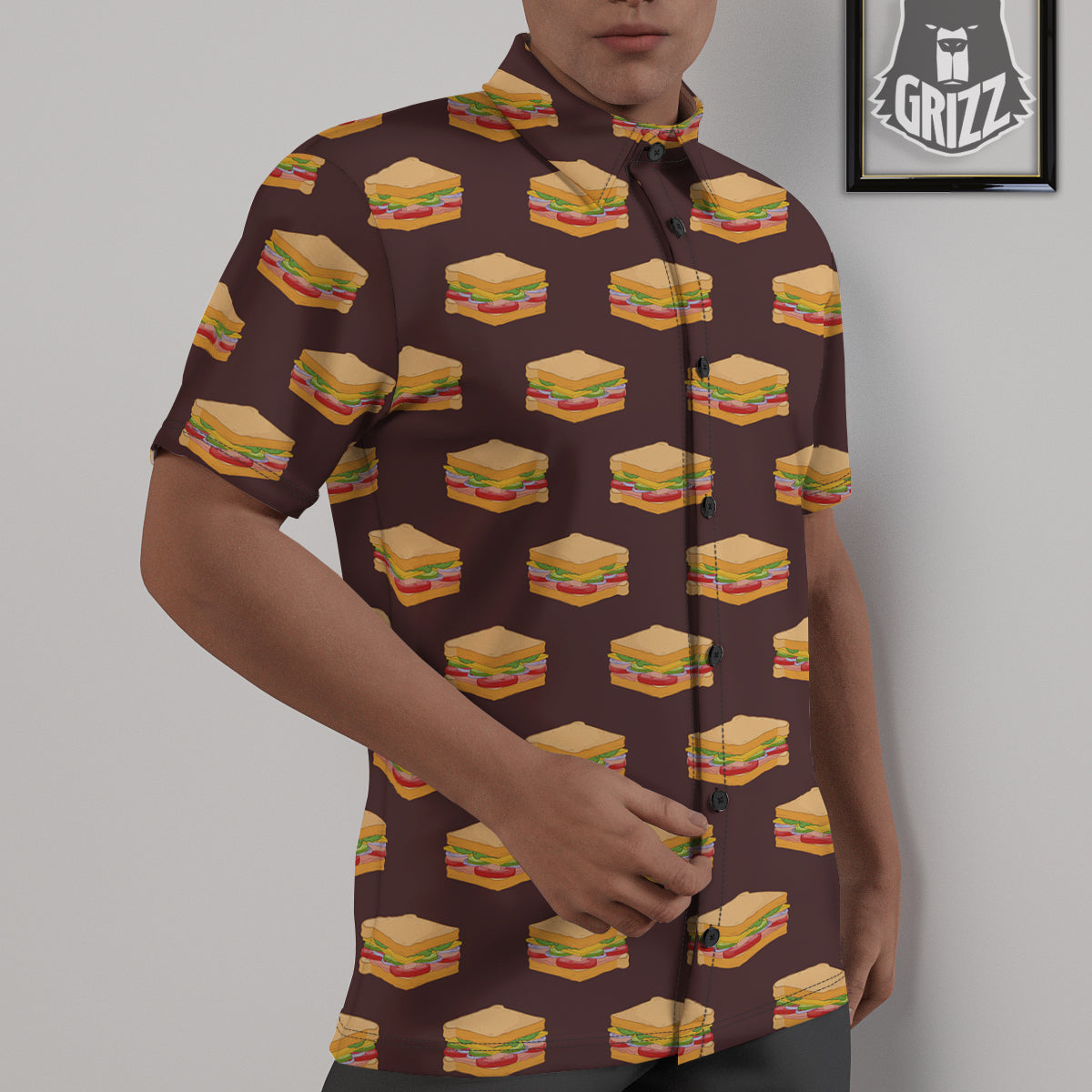Brown Sandwich Print Pattern Untucked Shirts-grizzshop