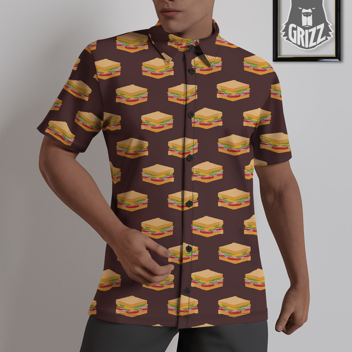 Brown Sandwich Print Pattern Untucked Shirts-grizzshop
