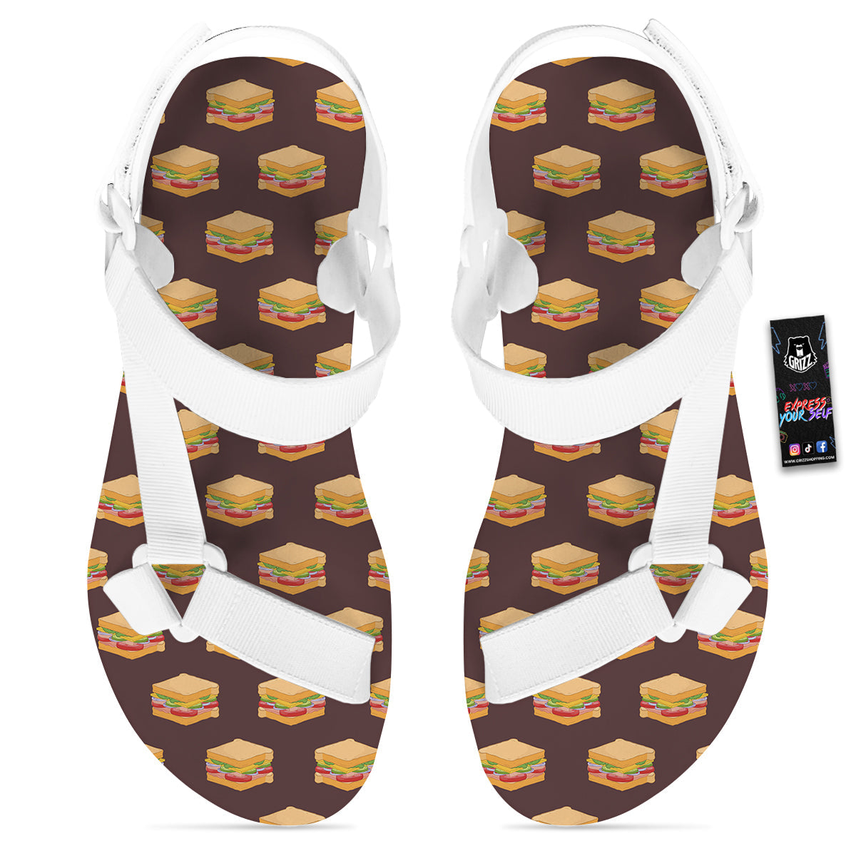 Brown Sandwich Print Pattern White Open Toe Sandals-grizzshop