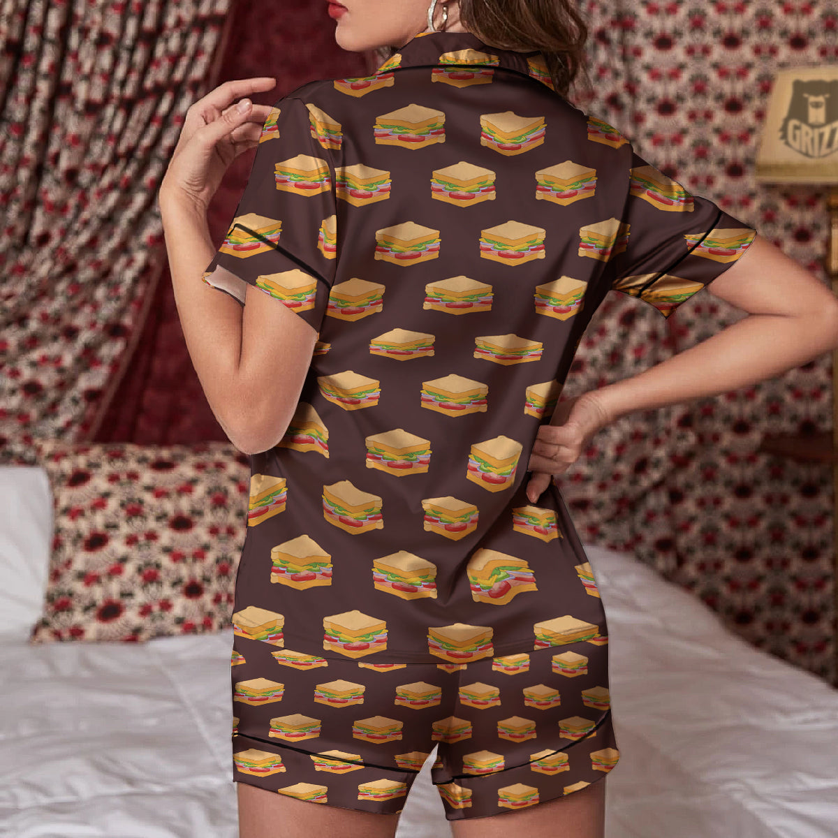 Brown Sandwich Print Pattern Women Silk Pajamas-grizzshop
