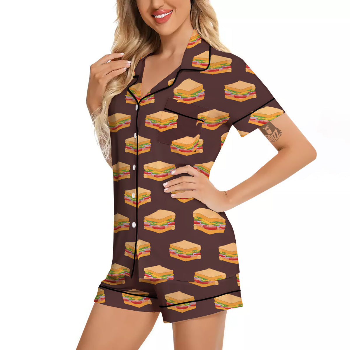 Brown Sandwich Print Pattern Women Silk Pajamas-grizzshop