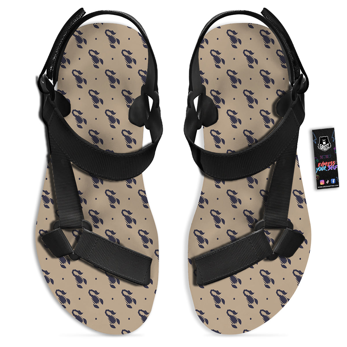 Brown Scorpion Print Pattern Black Open Toe Sandals-grizzshop
