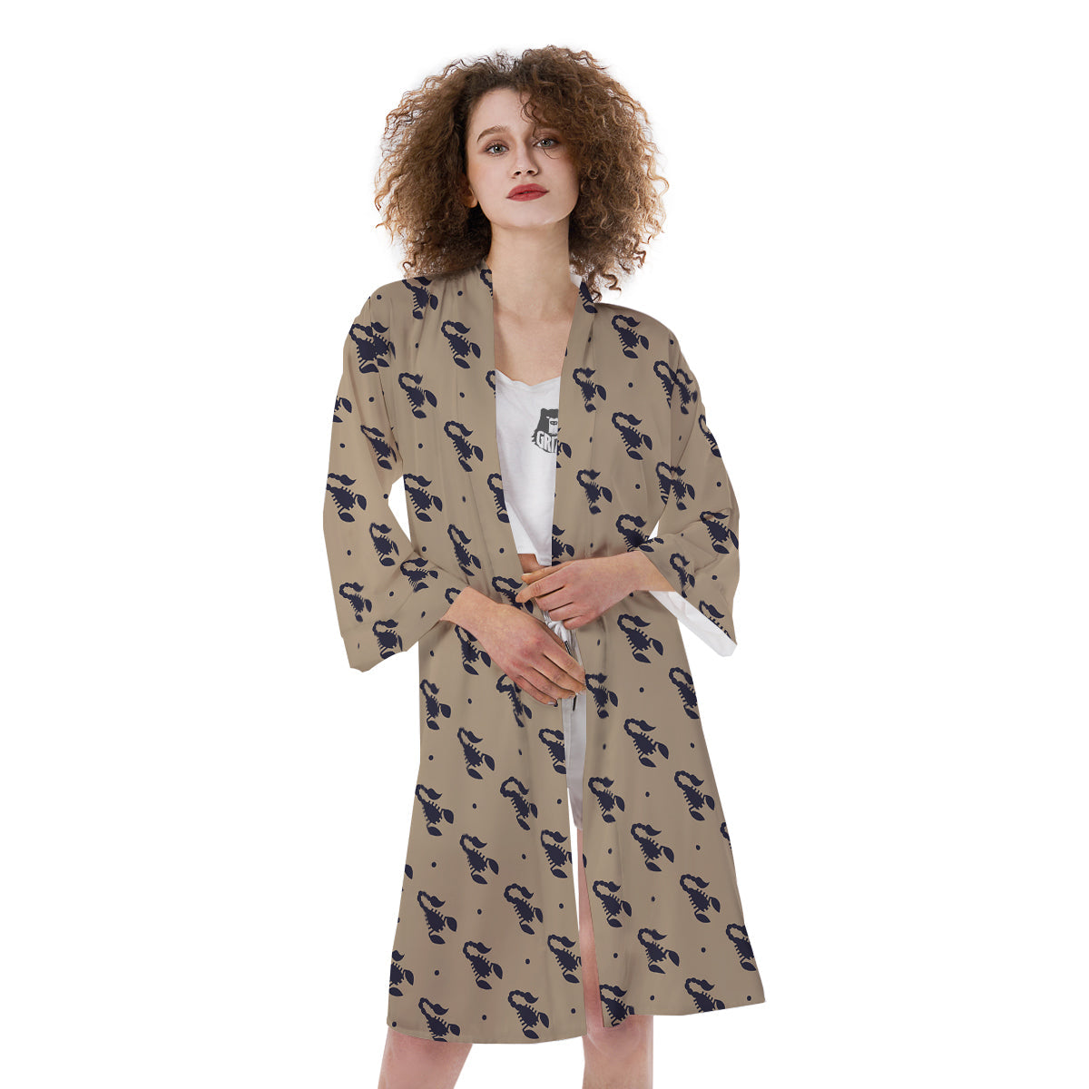 Brown Scorpion Print Pattern Kimono-grizzshop