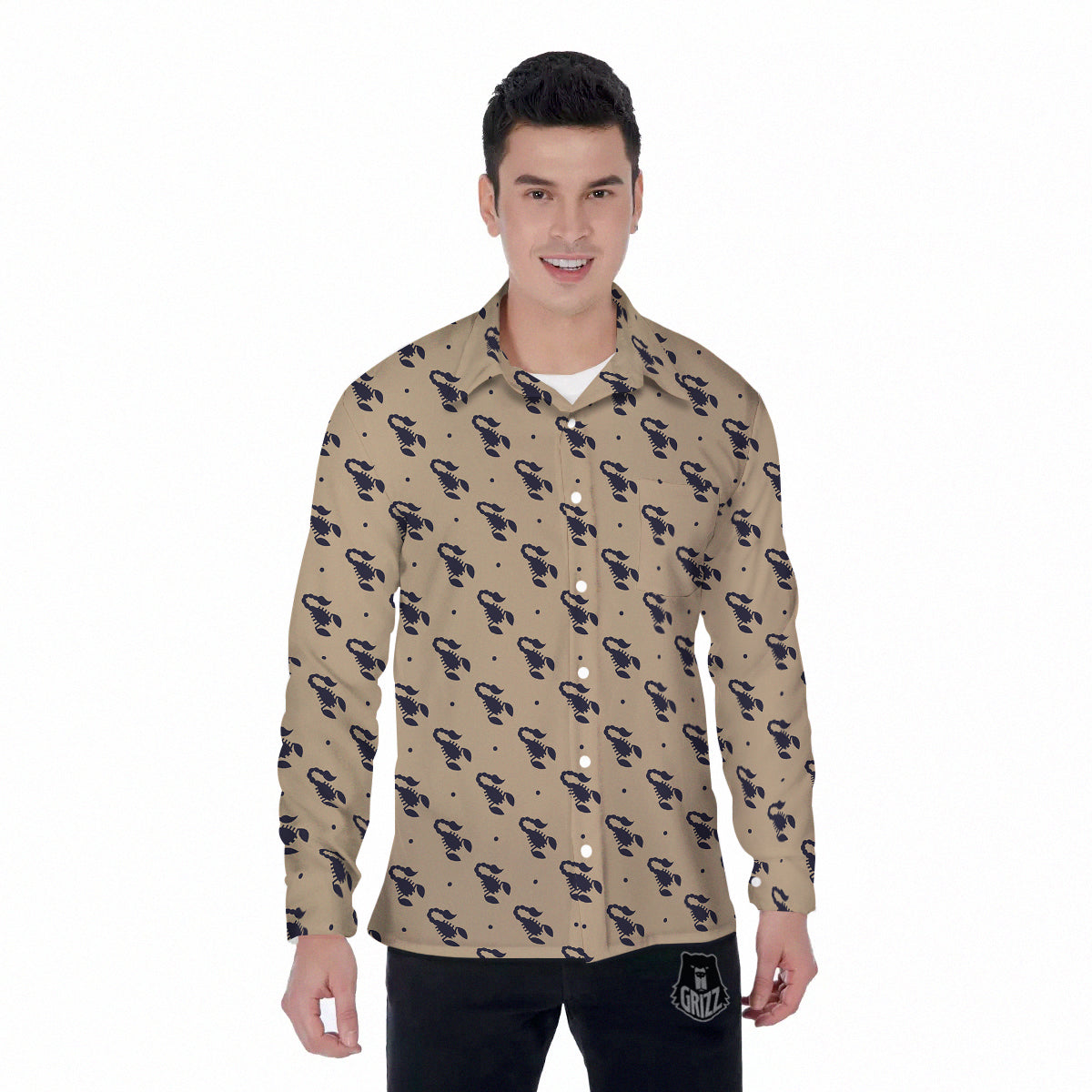 Brown Scorpion Print Pattern Men's Long Sleeve Shirts-grizzshop