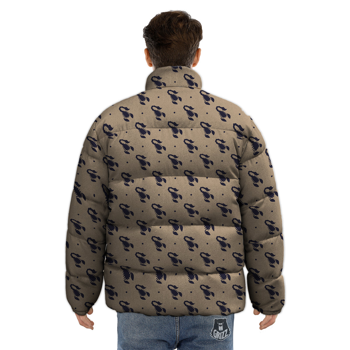 Brown Scorpion Print Pattern Puffer Jacket-grizzshop