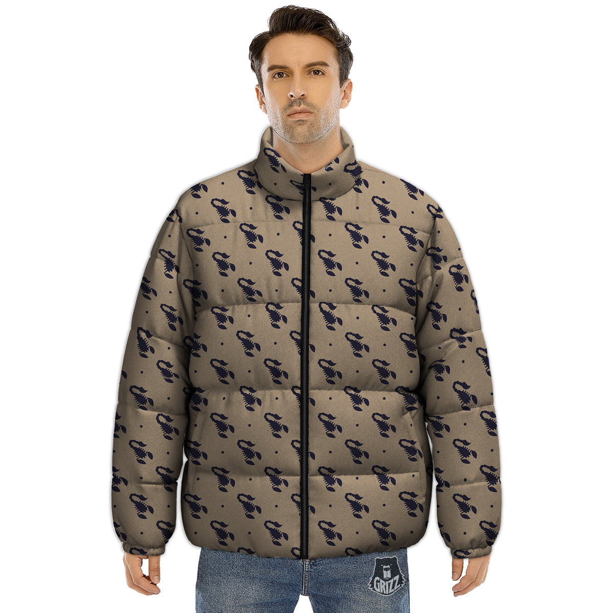 Brown Scorpion Print Pattern Puffer Jacket-grizzshop