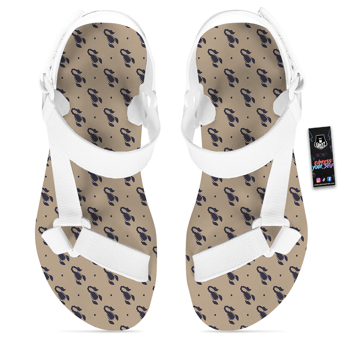 Brown Scorpion Print Pattern White Open Toe Sandals-grizzshop