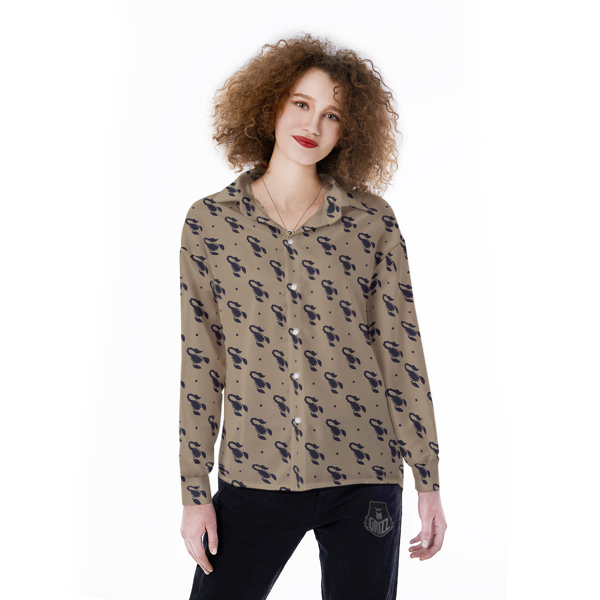 Brown Scorpion Print Pattern Women's Long Sleeve Shirts-grizzshop
