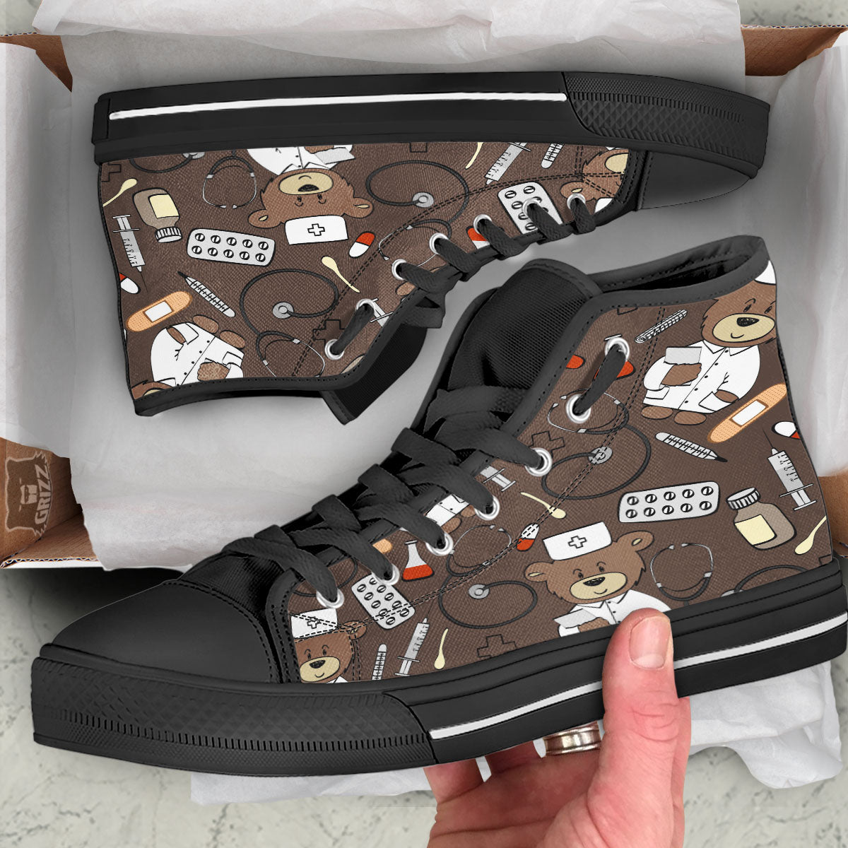 Brown Teddy Bear Nurse Black High Top Shoes-grizzshop