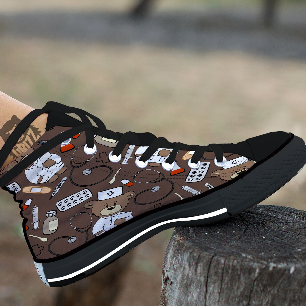 Brown Teddy Bear Nurse Black High Top Shoes-grizzshop